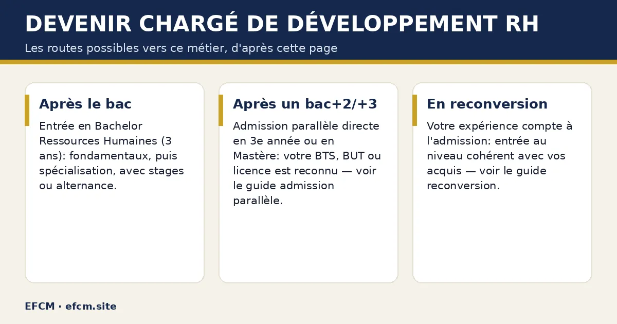 Schéma : Devenir chargé de développement rh — Après le bac ; Après un bac+2/+3 ; En reconversion.