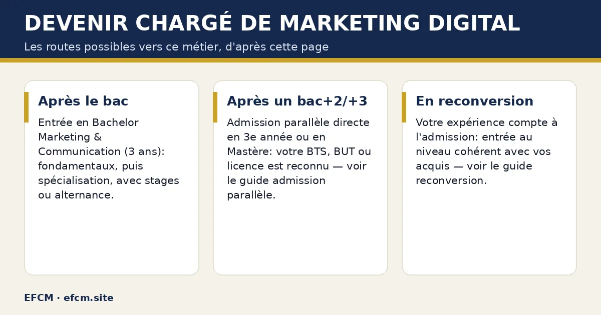 Schéma : Devenir chargé de marketing digital — Après le bac ; Après un bac+2/+3 ; En reconversion.