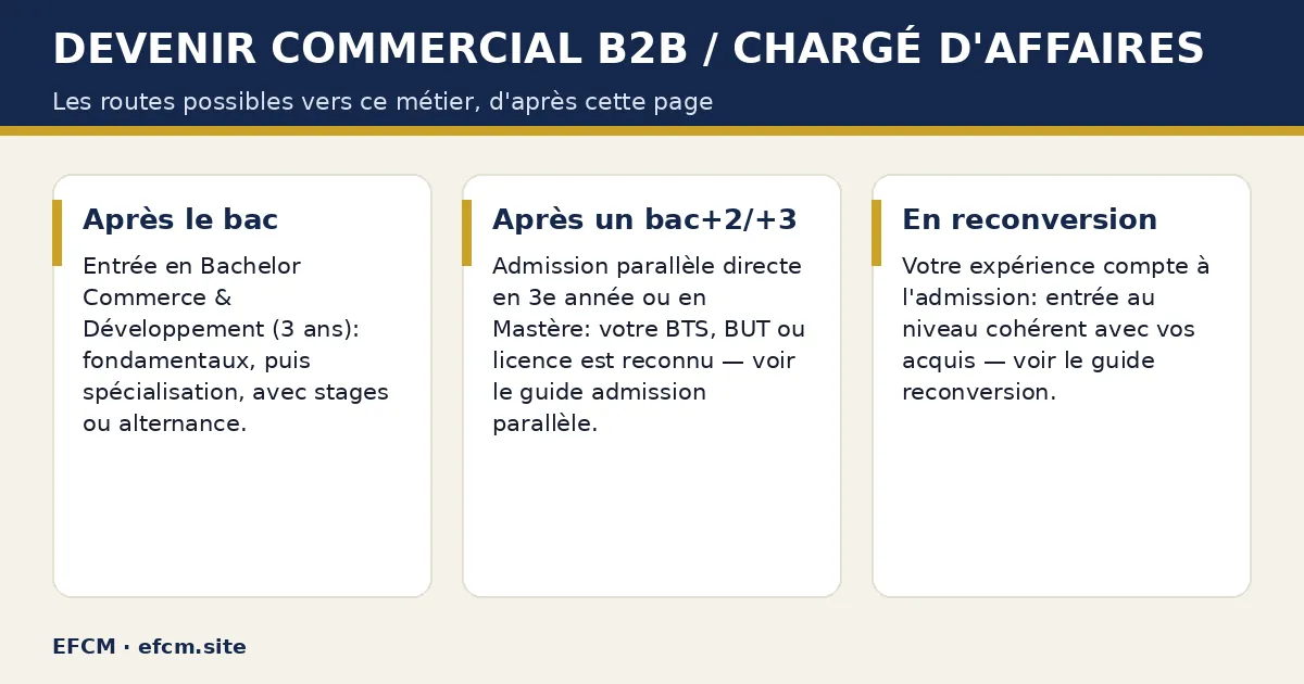 Schéma : Devenir commercial b2b / chargé d'affaires — Après le bac ; Après un bac+2/+3 ; En reconversion.
