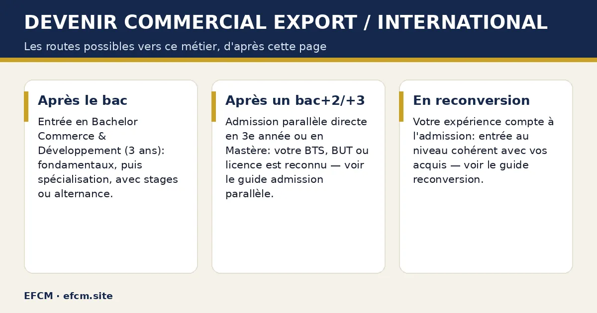 Schéma : Devenir commercial export / international — Après le bac ; Après un bac+2/+3 ; En reconversion.