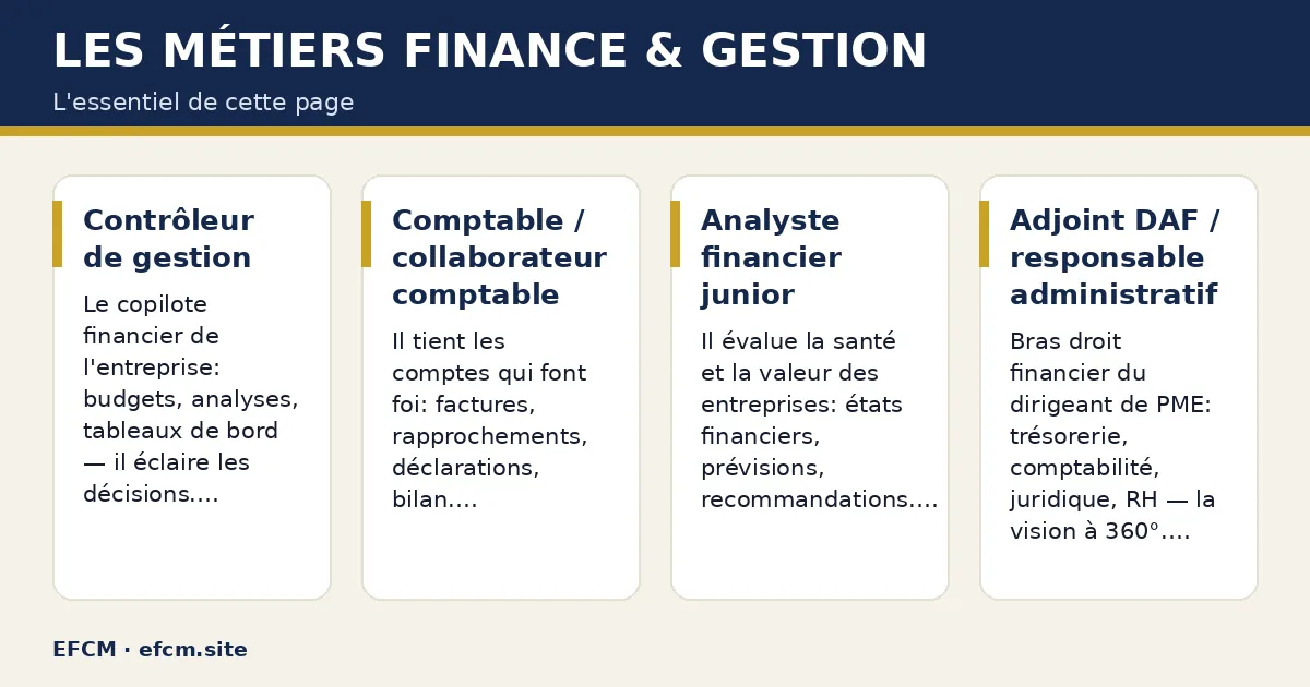 Schéma : Les métiers Finance & Gestion — Contrôleur de gestion ; Comptable / collaborateur comptable ; Analyste financier junior ; Adjoint DAF / responsable administratif et financier junior.