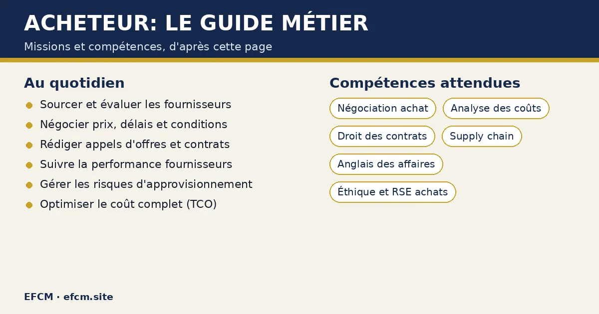 Schéma : Acheteur: le guide métier — missions : Sourcer et évaluer les fournisseurs, Négocier prix, délais et conditions, Rédiger appels d'offres et contrats ; compétences : Négociation achat, Analyse des coûts, Droit des contrats.