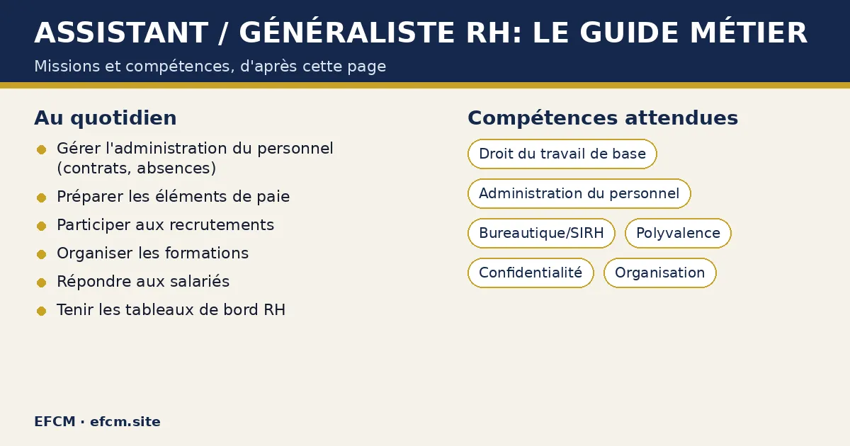 Schéma : Assistant / généraliste RH: le guide métier — missions : Gérer l'administration du personnel (contrats, absences), Préparer les éléments de paie, Participer aux recrutements ; compétences : Droit du travail de base, Administration du personnel, Bureautique/SIRH.
