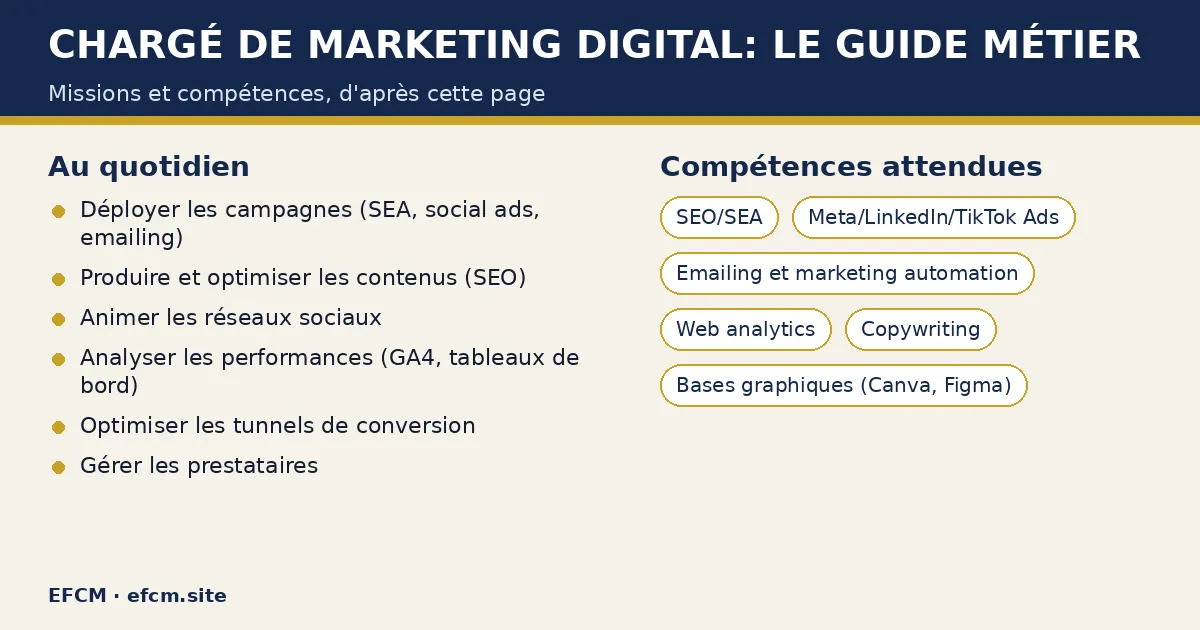 Schéma : Chargé de marketing digital: le guide métier — missions : Déployer les campagnes (SEA, social ads, emailing), Produire et optimiser les contenus (SEO), Animer les réseaux sociaux ; compétences : SEO/SEA, Meta/LinkedIn/TikTok Ads, Emailing et marketing automation.