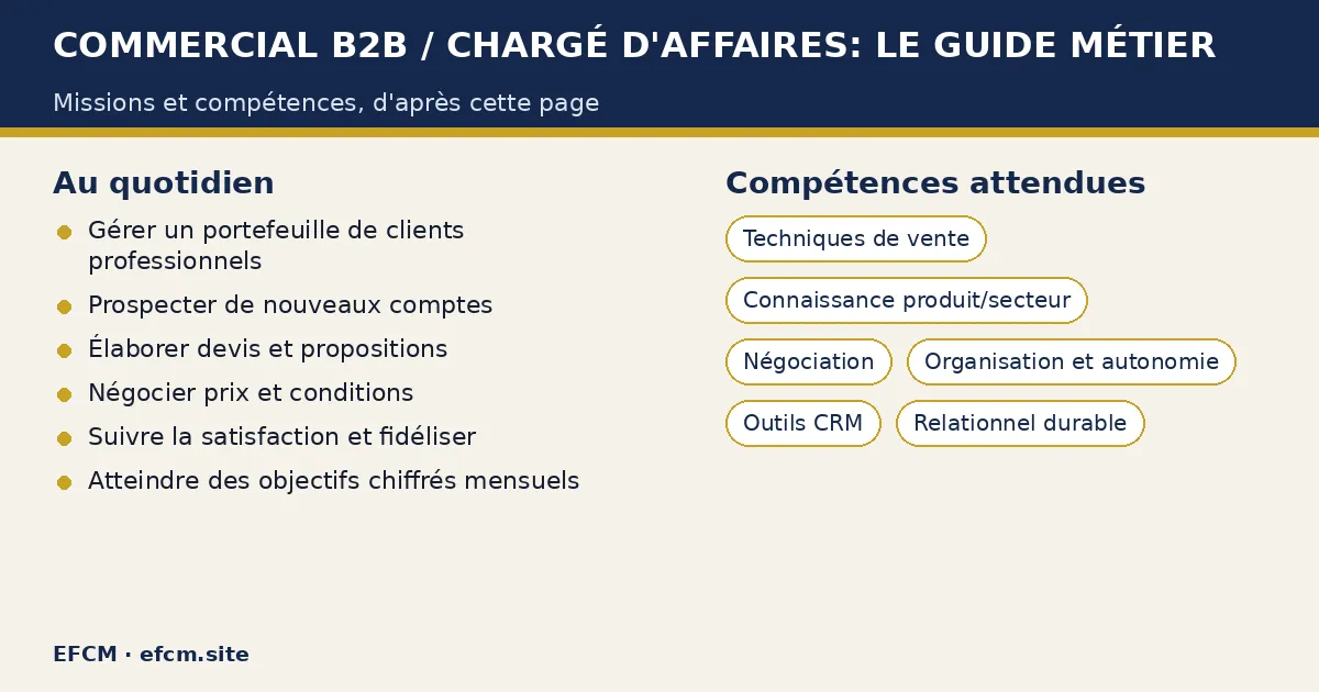 Schéma : Commercial B2B / chargé d'affaires: le guide métier — missions : Gérer un portefeuille de clients professionnels, Prospecter de nouveaux comptes, Élaborer devis et propositions ; compétences : Techniques de vente, Connaissance produit/secteur, Négociation.
