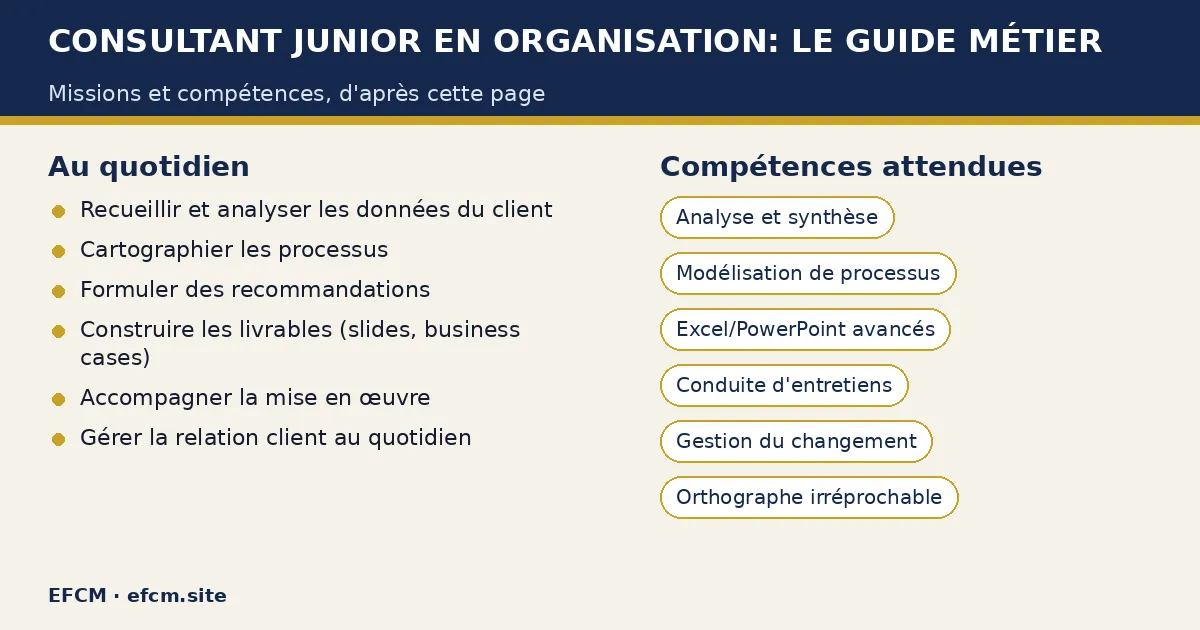 Schéma : Consultant junior en organisation: le guide métier — missions : Recueillir et analyser les données du client, Cartographier les processus, Formuler des recommandations ; compétences : Analyse et synthèse, Modélisation de processus, Excel/PowerPoint avancés.