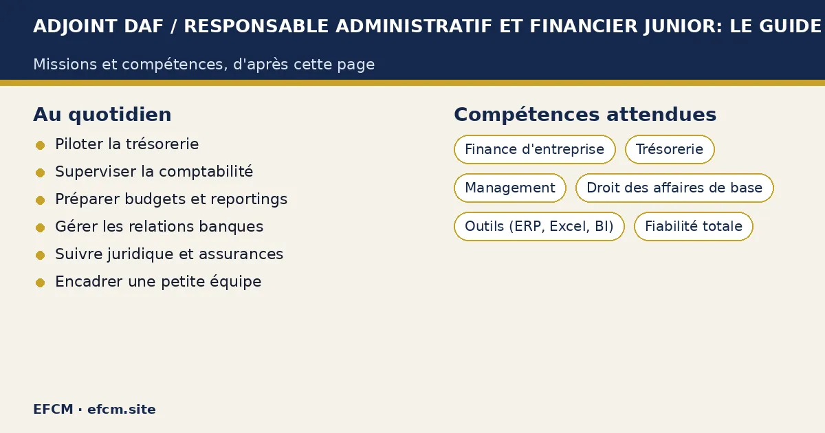 Schéma : Adjoint DAF / responsable administratif et financier junior: le guide métier — missions : Piloter la trésorerie, Superviser la comptabilité, Préparer budgets et reportings ; compétences : Finance d'entreprise, Trésorerie, Management.