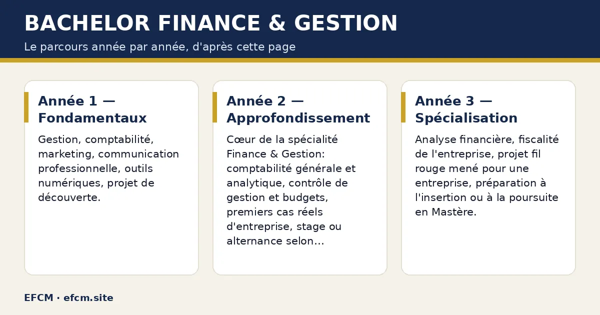 Schéma : Bachelor Finance & Gestion — Année 1 — Fondamentaux ; Année 2 — Approfondissement ; Année 3 — Spécialisation.